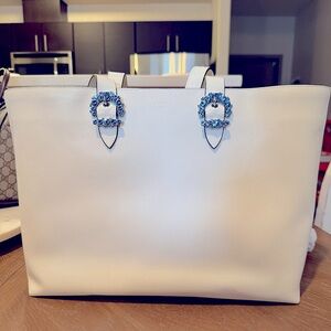 Jimmy Choo Cheri Tote White Milk Calfskin leather with Blue Crystal Buckles